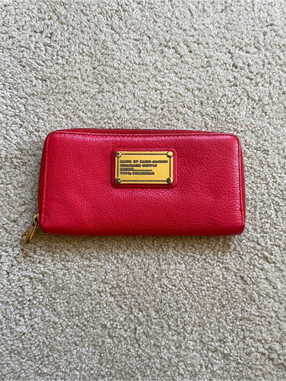 Marc Jacobs Red Leather Zip-Around Wallet with Gold Plaque